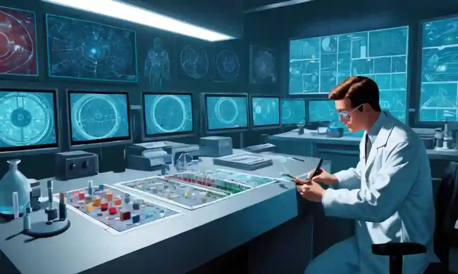 Un científico de laboratorio que examina muestras microscópicas en medio de equipos y gráficos futuristas.