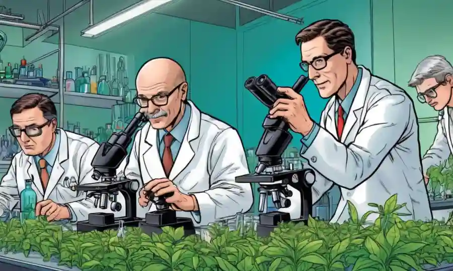 Científicos en un laboratorio de campo que estudia la vida vegetal bajo microscopios.