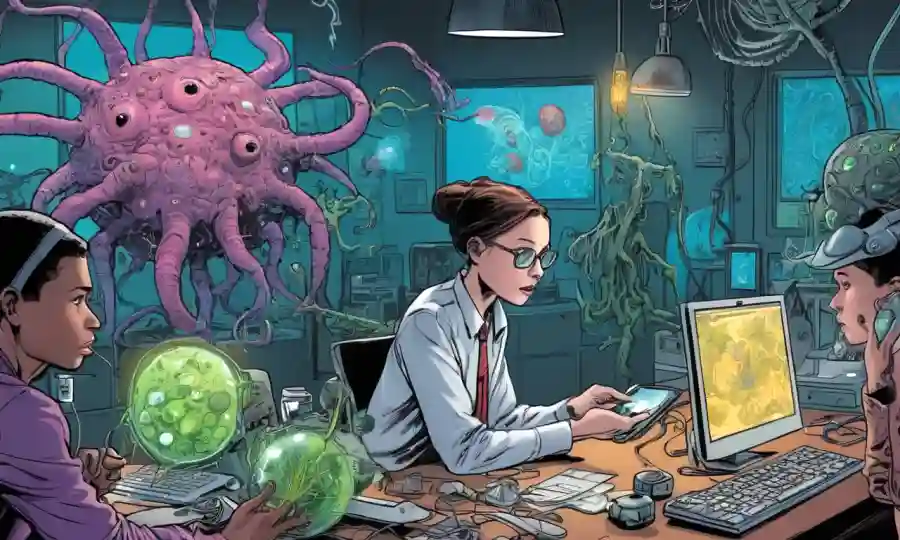 Investigador rodeado de dispositivos de comunicación e ilustraciones de organismos simbióticos.
