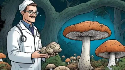Un científico tiene una muestra de producto basado en micelio junto a un hongo natural.