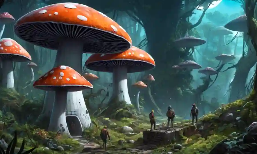 Artistas conceptuales trabajando juntos en tecnologías futuristas basadas en hongos.