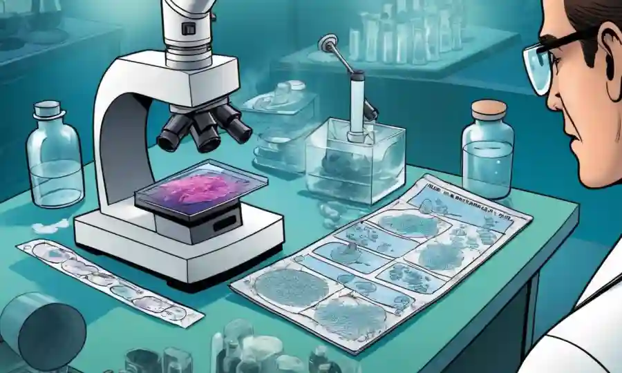 Una imagen de diapositiva de microscopio junto a las innovaciones medicinales que están estudiando los científicos en un entorno de laboratorio.