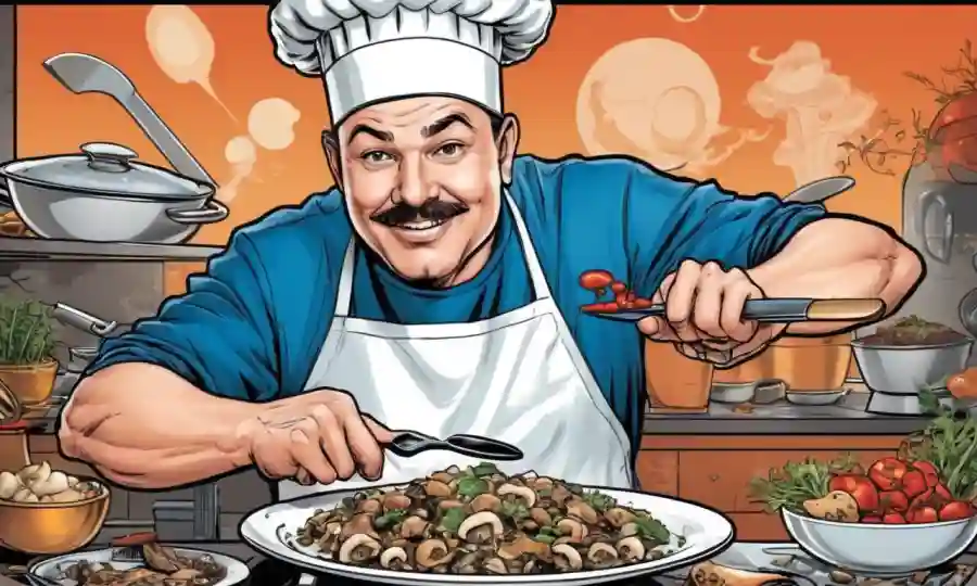 Cocina culinaria con plato basado en hongos con modernas herramientas de cocina.
