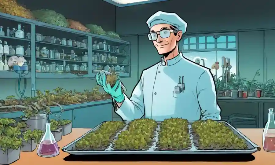Científico agrícola posee una bandeja de cultivos con hongos, con equipos de laboratorio en segundo plano.