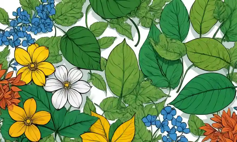 Ilustración que combina elementos de la naturaleza (leaves, flores) con conceptos innovadores de diseño de productos y símbolos ecológicos.