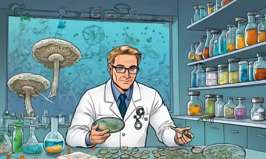 Científico sosteniendo un plato petri con hongos, rodeado de equipos de laboratorio y notas sobre investigación biotecnológica.