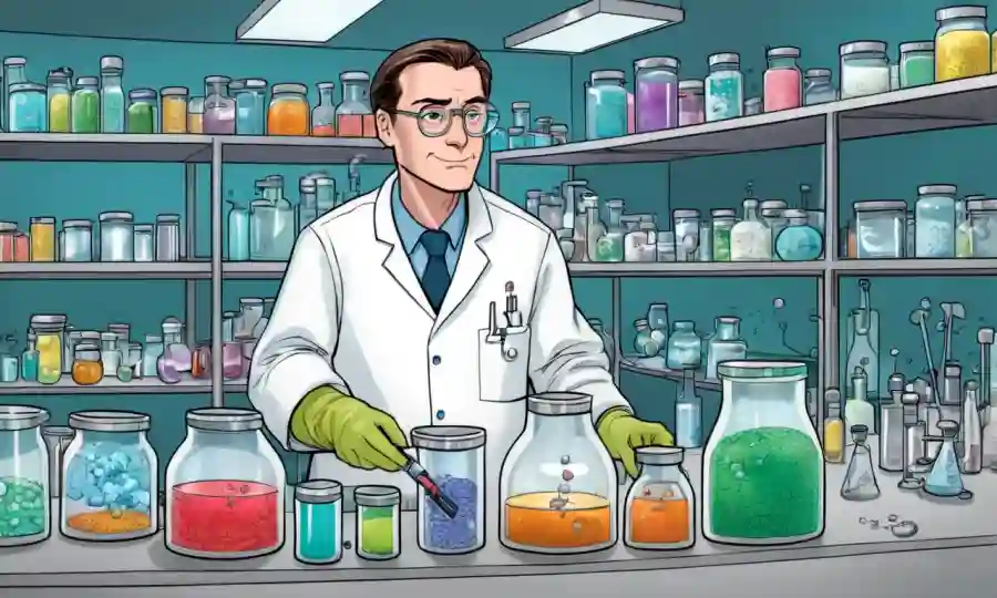 Científico en un laboratorio rodeado de fungicidas y platos petri.