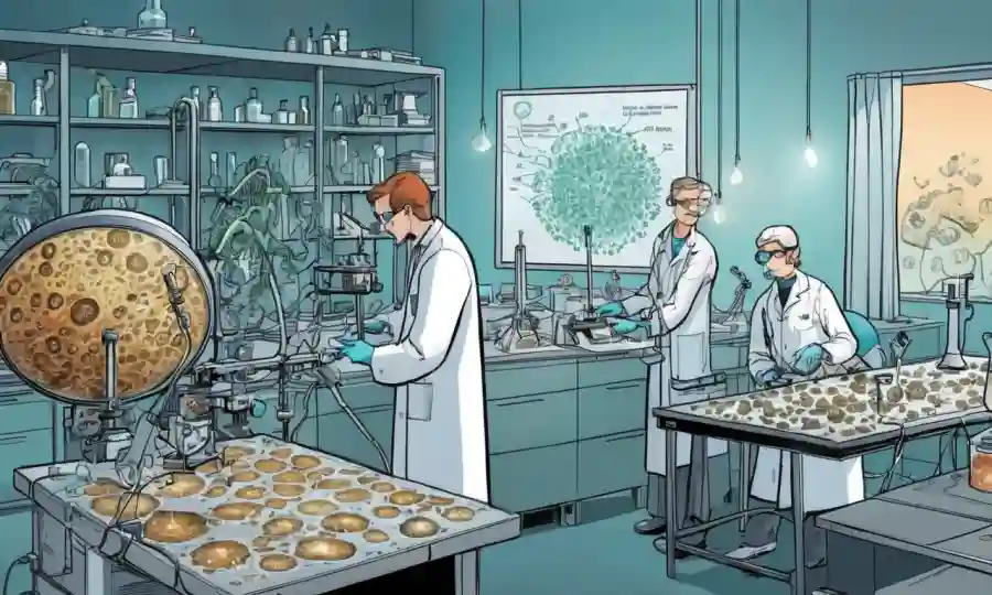 Investigadores científicos que estudian esporas fúngicas en un laboratorio con equipos y diagramas.