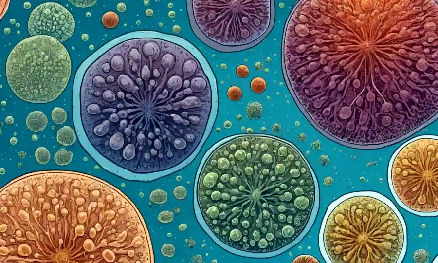 Una diapositiva de microscopio que muestra varios tipos de esporas y sus estructuras.