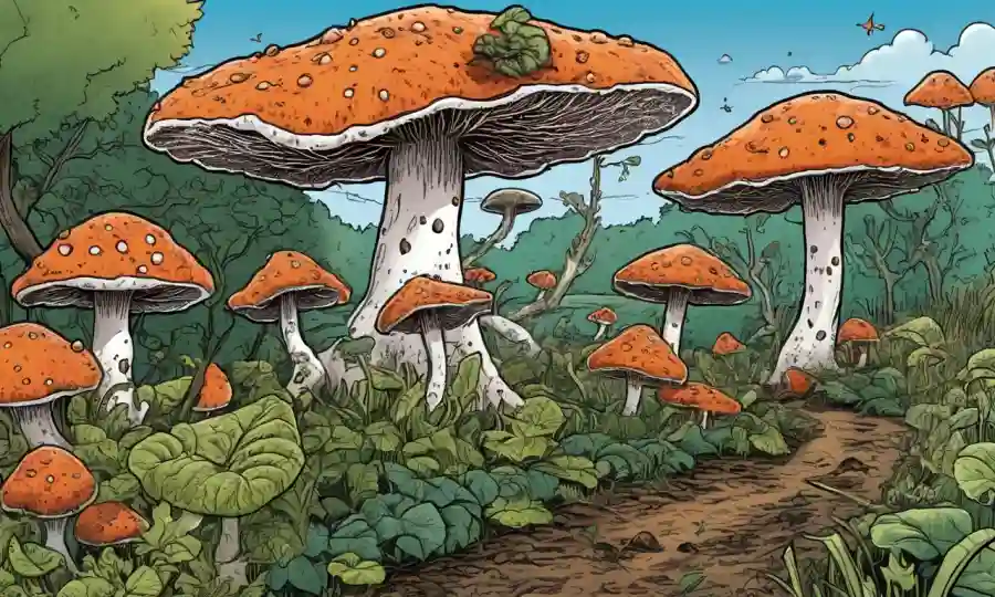 Fungi y concepto de sostenibilidad agrícola, con ilustraciones de redes y plantas fúngicas.