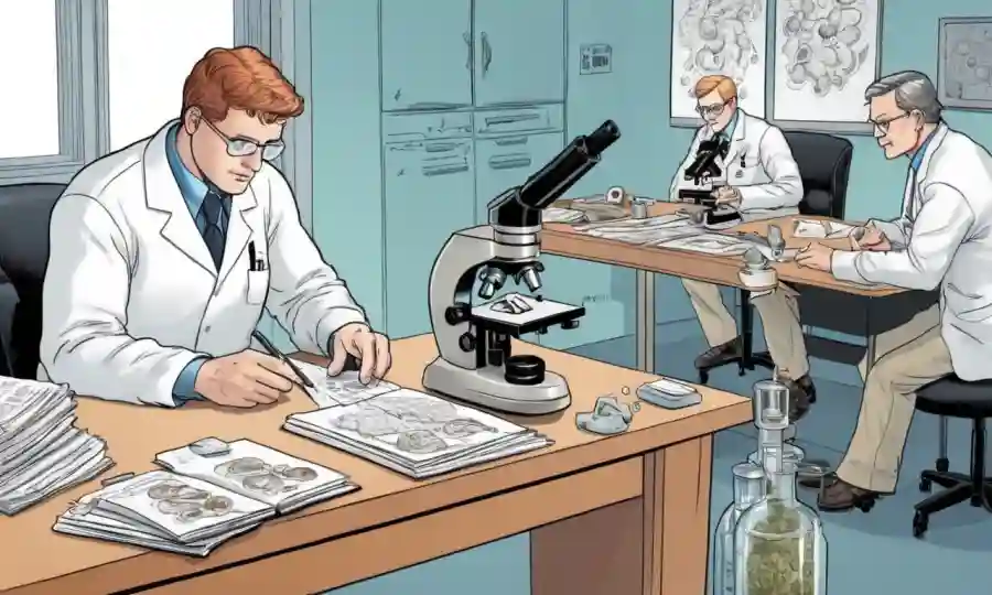 Científicos que estudian muestras de hongos con microscopio y notas en un escritorio.