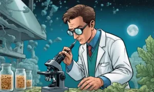 Científico examinando diapositivas de microscopio con estructuras fúngicas contra imágenes de fondo agrícola.