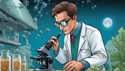 Científico examinando diapositivas de microscopio con estructuras fúngicas contra imágenes de fondo agrícola.