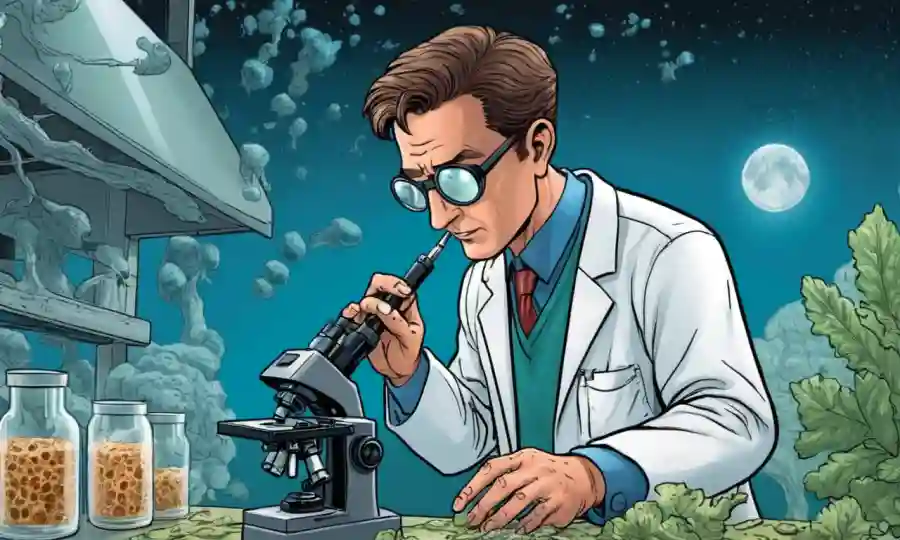 Científico examinando diapositivas de microscopio con estructuras fúngicas contra imágenes de fondo agrícola.