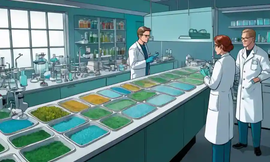 Científicos agrícolas que trabajan en un laboratorio rodeado de platos y equipos petri.