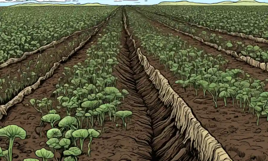 Un campo de cultivos creciendo fuerte, con hongos micorrizales ilustrados alrededor de las raíces.