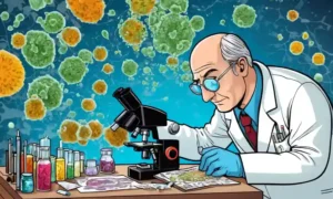 El científico de laboratorio analiza muestras de hongos bajo microscopio con gráficos.