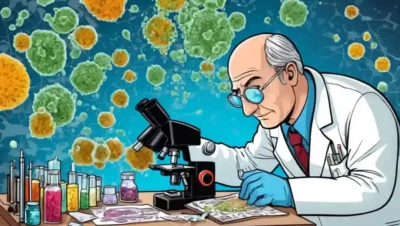 El científico de laboratorio analiza muestras de hongos bajo microscopio con gráficos.