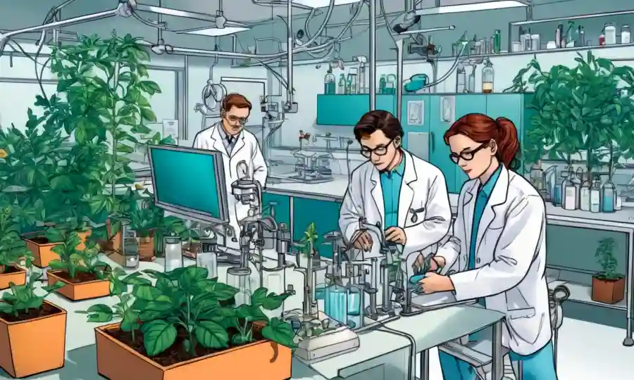 Investigadores médicos que estudian innovaciones médicas modernas junto con plantas naturales en un entorno de laboratorio.