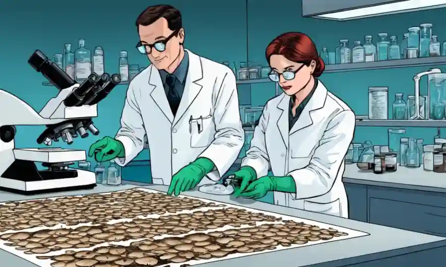 Científicos de investigación que examinan las diapositivas microsope de hongos en un entorno de laboratorio.