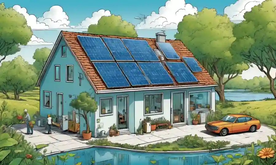 Soluciones de energía limpia rodeadas de innovaciones sostenibles e ilustraciones de simbiosis inspiradas en la naturaleza.