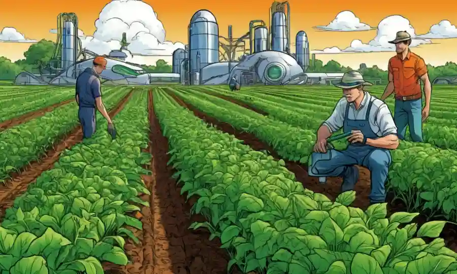 Los agricultores tienden a cultivos verdes con tecnología futurista en el fondo, simbolizando innovaciones sostenibles en la agricultura.