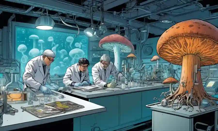 Investigadores que estudian hongos en medio de equipos y diagramas de laboratorio futuristas.