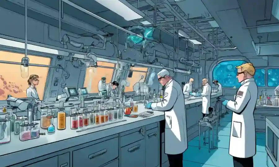 Investigadores que examinan muestras microbianas en un laboratorio futurista.