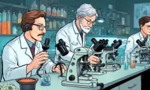 Científicos en bancos de laboratorio que estudian muestras de hifa de hongos a través de microscopios.