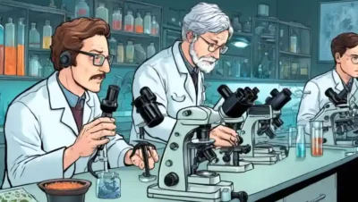 Científicos en bancos de laboratorio que estudian muestras de hifa de hongos a través de microscopios.