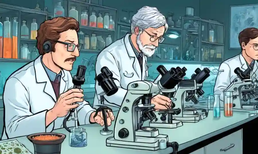 Científicos en bancos de laboratorio que estudian muestras de hifa de hongos a través de microscopios.