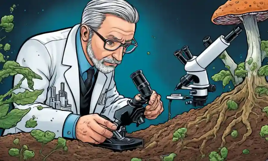 Científico que examina la interacción entre hongos y microbios en el suelo bajo microscopio.