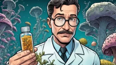 Científico sosteniendo un vial de medicina celular entre el crecimiento de hongos microscópicos.