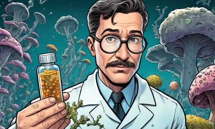 Científico sosteniendo un vial de medicina celular entre el crecimiento de hongos microscópicos.