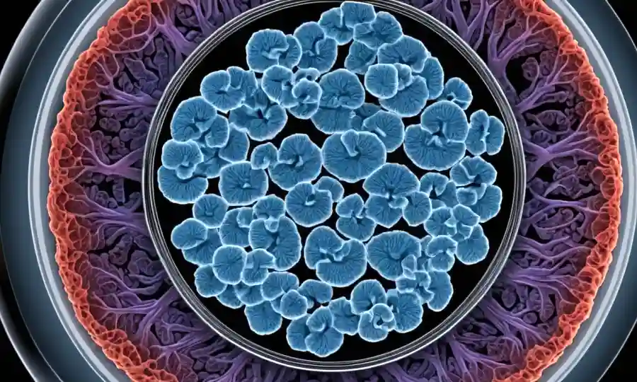 Imagen microscópica de las células de micelium en el plato de petri, con sobreposición de texto.