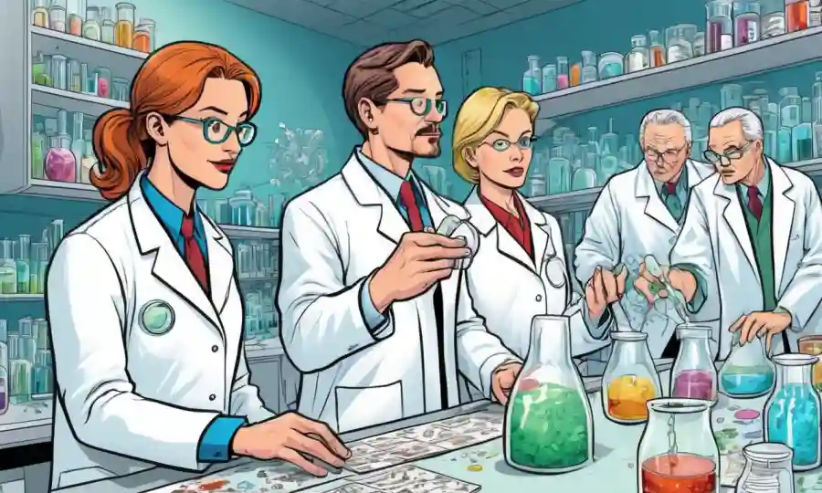 Científicos en capas de laboratorio que examinan microorganismos y platos petri, con fuentes y diagramas audaces.