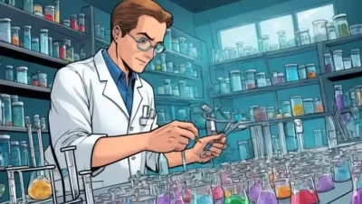 Científico en un laboratorio que trabaja con tubos de prueba y platos Petri que contienen estructuras de micelle.