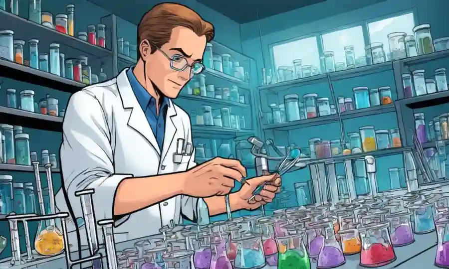 Científico en un laboratorio que trabaja con tubos de prueba y platos Petri que contienen estructuras de micelle.