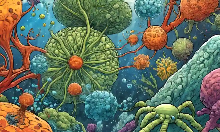 Microorganismos colaborando, formando diversas conexiones entre organismos en un contexto ecológico.