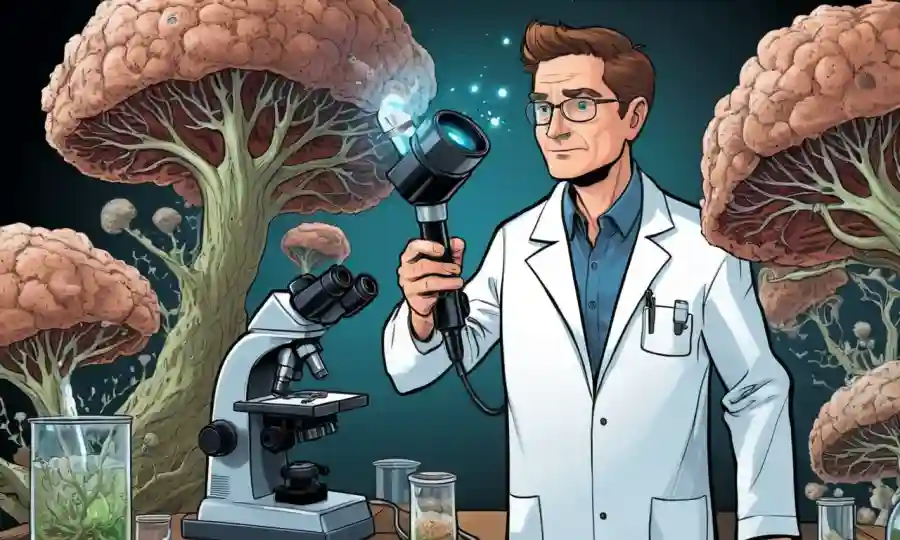 Científico en una capa de laboratorio que sostiene un microscopio con hongos micorrizales.