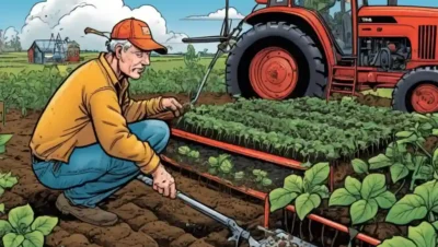 Farmer applying microbes to soil surrounded by sprouting plants and agricultural equipment.