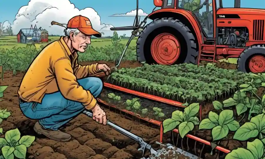 Farmer applying microbes to soil surrounded by sprouting plants and agricultural equipment.