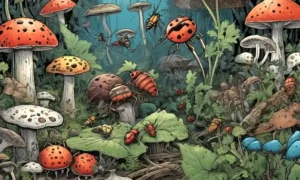 Ilustración de varios insectos rodeados de hongos