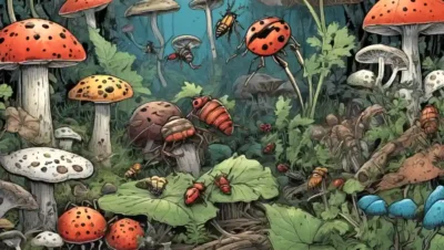Ilustración de varios insectos rodeados de hongos