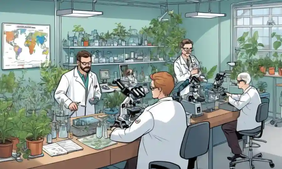 Investigadores que trabajan en laboratorios rodeados de plantas y equipos, con gráficos y microscopios cercanos.