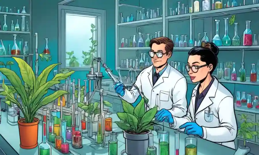 Científicos de investigación analizando tubos de ensayo de laboratorio y plantas en un entorno de laboratorio.