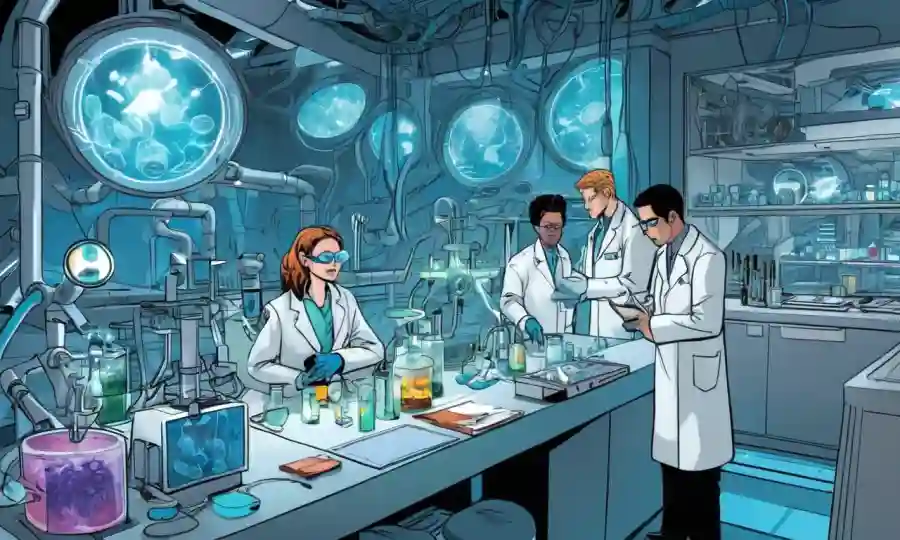 Científicos que estudian microorganismos en el laboratorio rodeados de equipos futuristas.