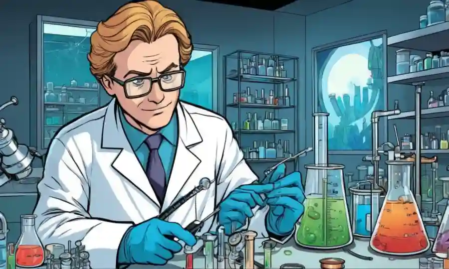 Científico en un laboratorio con diversos instrumentos de medición y muestras de microorganismo.