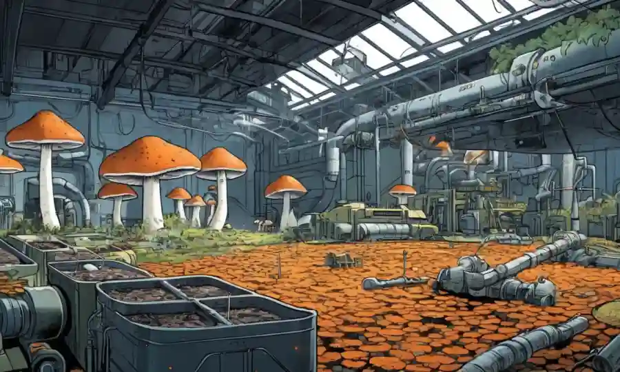 Fungi creció en ambiente controlado, rodeado de equipo industrial con símbolos de economía circular.
