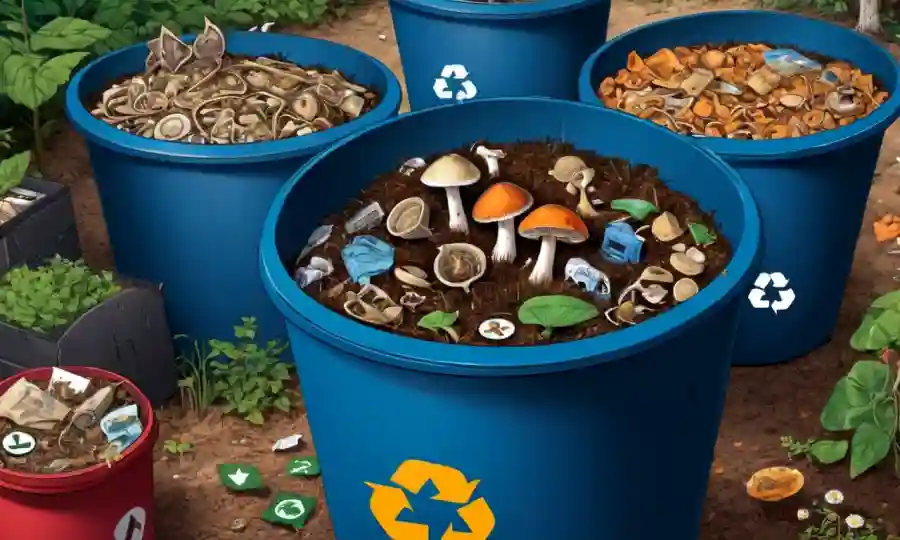 Fungi creciendo en contenedores de economía circular